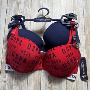 U.S. Polo Assn. Women's 2 Pieces Padded Bras Gentle Fit Size 36D Blue Red